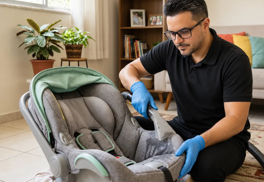 Técnico da Lava Tudo VIP limpando bebê conforto e carrinho